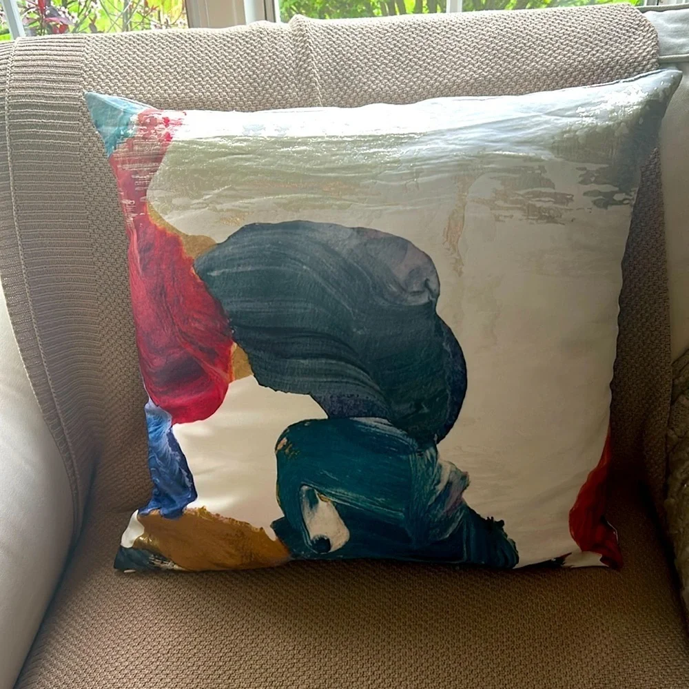 NWT West Elm Art Deco Pillow. Blue, Gold, Red with White Background. Metallic